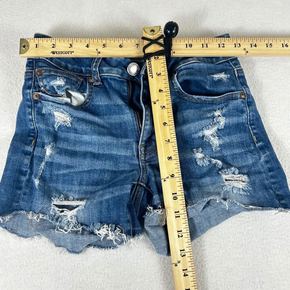 American Eagle Hi-Rise Shortie Distressed Denim Shorts Blue Super Stretch Size 2 - Picture 3 of 13